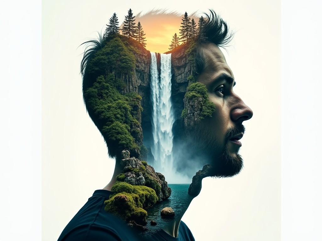 A surreal blend where the profile of a man's head transitions into a landscape with a waterfall, trees, and mountains inside it, symbolizing the connection between human thoughts and nature.