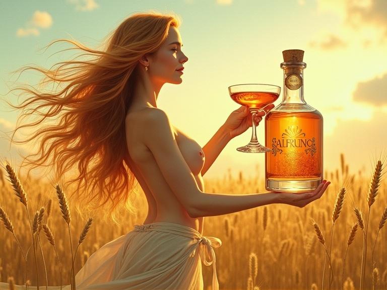 A modern goddess standing in a barley field. Long golden-reddish hair flowing. Holding a bottle of ALFRUNO elixir and a cocktail glass. Joyful expression. Soft light and gentle breezes.
