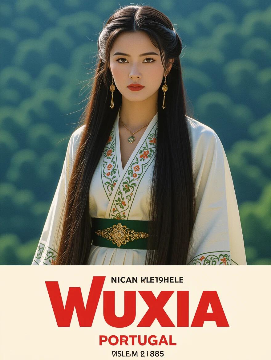 Full body image of a woman with long hair in a traditional outfit. Action movie theme with a vintage style. Title 'Wuxia Portugal' displayed prominently.