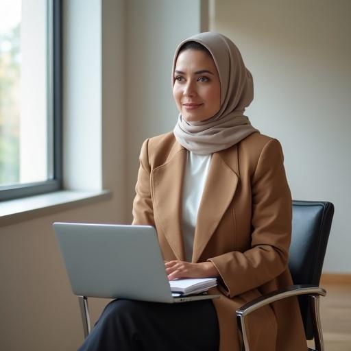 Confident woman in modest outfit. She wears a long coat and soft hijab. Sitting on a chair in a modern office. Holding a laptop and a notebook. The atmosphere is elegant and minimalistic. She appears focused and hardworking.
