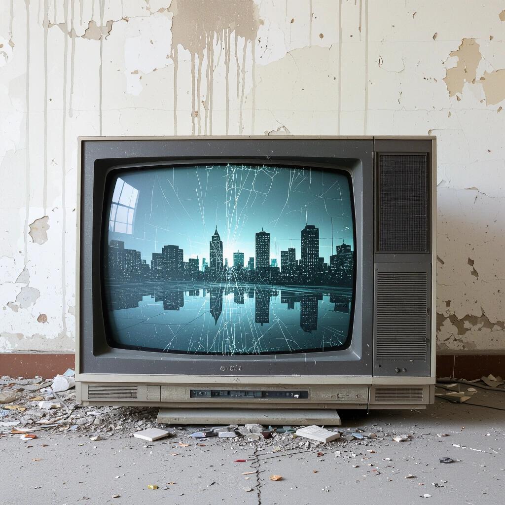 A CRT television sits abandoned with a flickering screen. Cracks cover the screen showing a city skyline reflection. The walls around are dripping with moisture and peeling paint. The setting is desolate and evokes a sense of nostalgia.