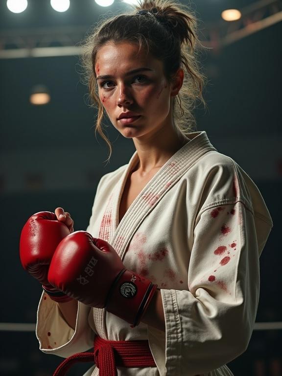 Realistic athletic woman with asymmetrical hairstyle. Wearing worn-out karate gi with bloody smudges. Untidy hair and heavy bruises on face. Exhausted but focused to win fight. Bloody fists held up. MMA arena.