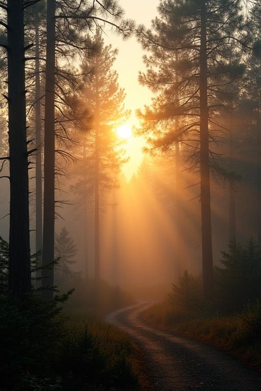 Misty forest scene at sunrise. Golden light shines through tall pine trees. Winding path seen in the foreground.