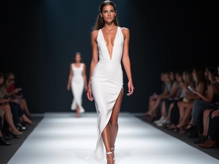 High-fashion runway show. Model walks confidently in sleek white dress with deep V-neckline and asymmetrical slit. Smooth glossy fabric accentuates figure. Wears open-toed high heels. Long hair in low ponytail. Makeup includes bold eyeshadow and subtle lip color. Background shows another model. Audience sits in dim lighting focused on models. Dramatic lighting creates glamorous atmosphere.