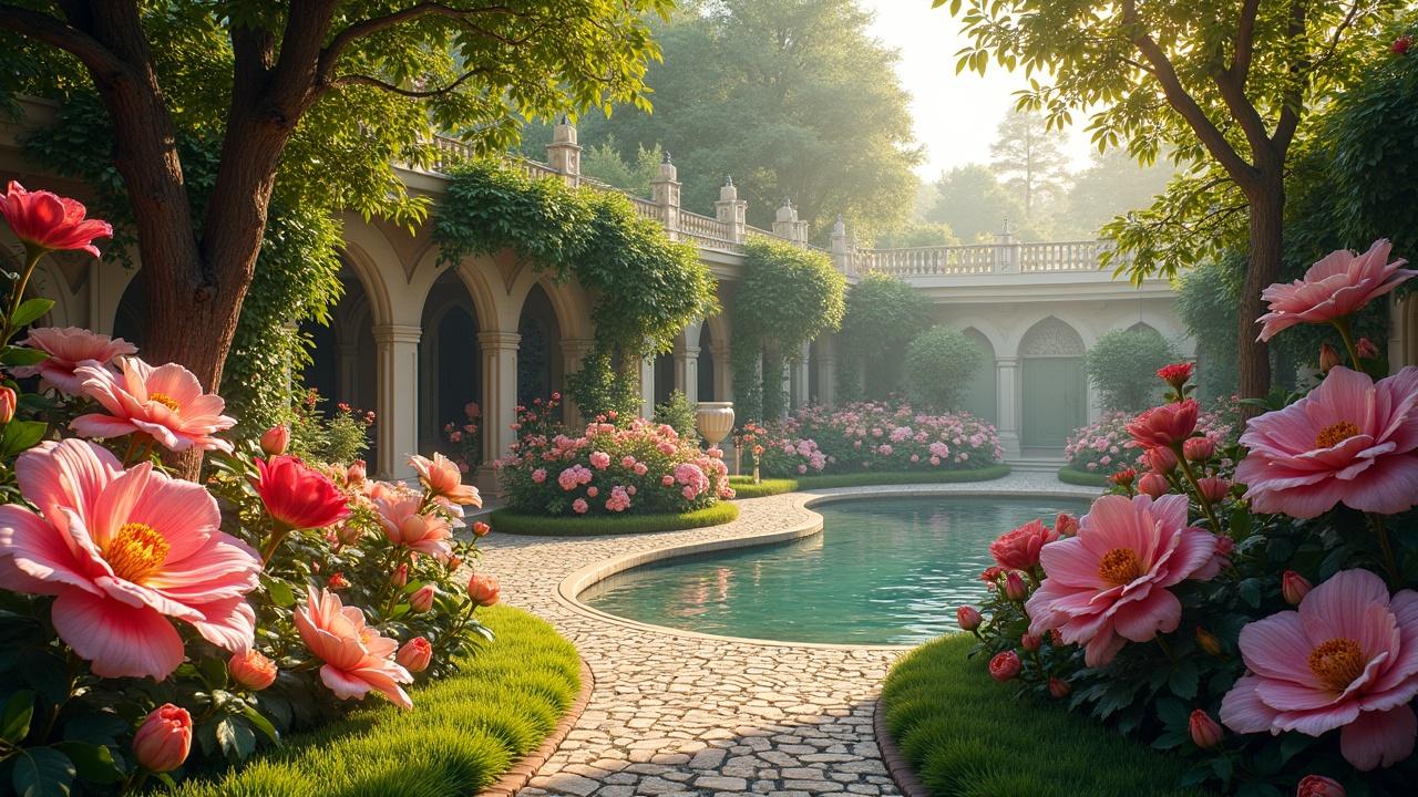 This image captures a serene garden with gently curving pathways surrounded by lush flowers and trees. The focal point is a tranquil pool reflecting the vibrant pink blooms of surrounding roses. The architecture of the colonnades adds an elegant touch, enhancing the idyllic and peaceful atmosphere.