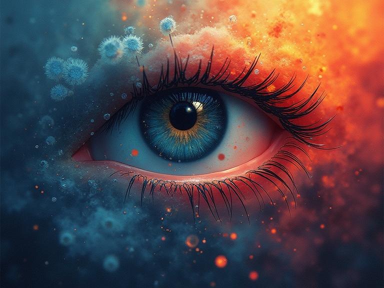 Close-up of a colorful eye with a vibrant iris. Multi-layered and abstract background. Ethereal and dreamlike atmosphere. Incorporate soft textures and glowing elements.