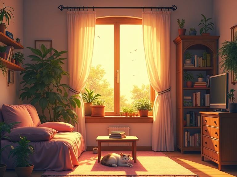A boho style bedroom with a cozy atmosphere. Golden hour light gently filters through a window. Plants adorn the room. A coffee table with books is present. A cat lies peacefully on the floor. The colors mix warm and cool shades.