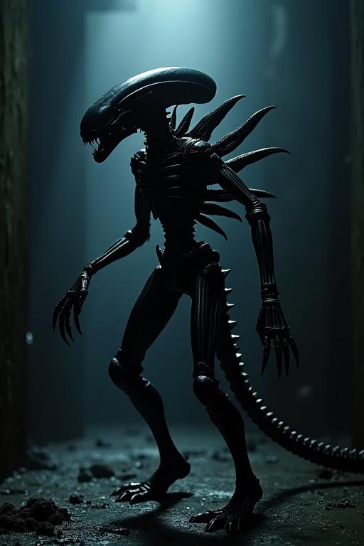 A dark and menacing scene depicting a Xenomorph from the movie 'Alien'. The Xenomorph stands upright, its skeletal body partially shrouded in shadows, emphasizing the dark and filthy surroundings. The design captures the long, cylindrical head shape, sharp claws, and spiky tail. The lighting is dramatic, with scant light sources that eerily highlight the Xenomorph. The background is blurred and dark, underscoring the isolating and creepy atmosphere. The style should be realistic, detailed, and eerie.
