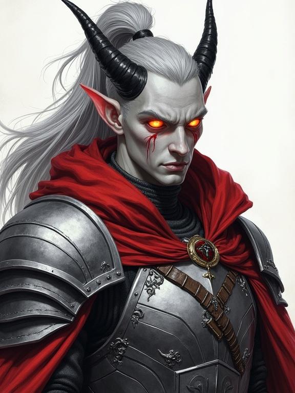 Tall male tiefling paladin with ash-gray skin and glowing amber eyes. Long silver hair in a high ponytail and curved black horns. Stern face with scars. Wearing detailed plate armor and a crimson cloak. Non-photorealistic style with pencil and ink shading. Soft lighting and paper texture effects.
