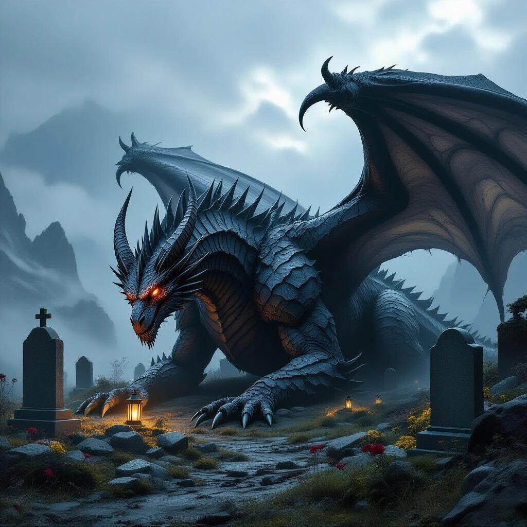 A colossal dragon-like beast rests beside a graveyard in the mountains. Its wings are tattered and horns broken. Tombstones glow faintly. Overcast skies above and dying flowers at its claws. It lights lanterns at night. Photorealistic texture and chiaroscuro lighting. Fog rolls through cold terrain. Epic gothic fantasy realism.