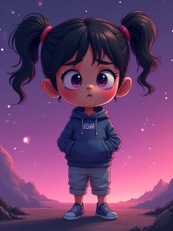 Cartoon character standing in a starry landscape. Character has a disappointed expression. Faux clothing appears tiny. Background features a purple and pink gradient. Style emphasizes texture and sharpness.