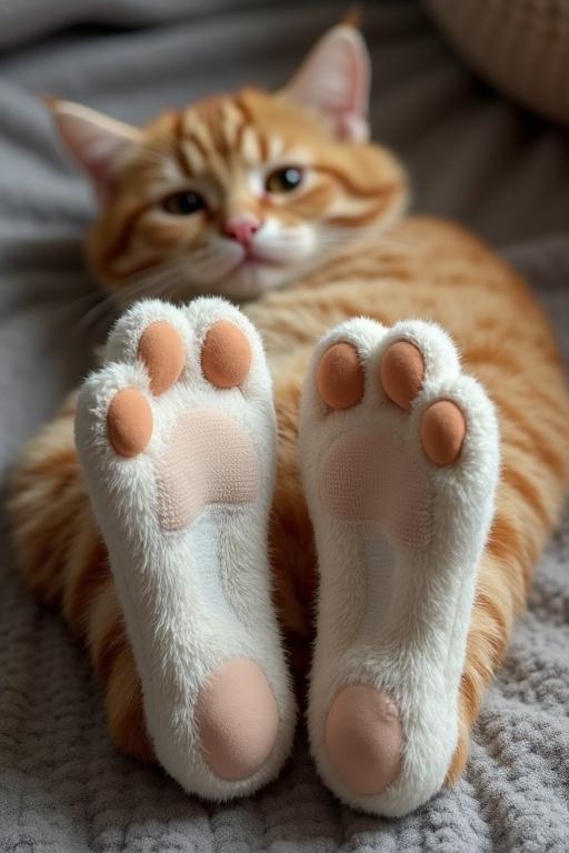 Image has a ginger cat laying down on its stomach. Cat wears fluffy socks on its paws. Both paw soles are visible side by side. Background is soft and out of focus.