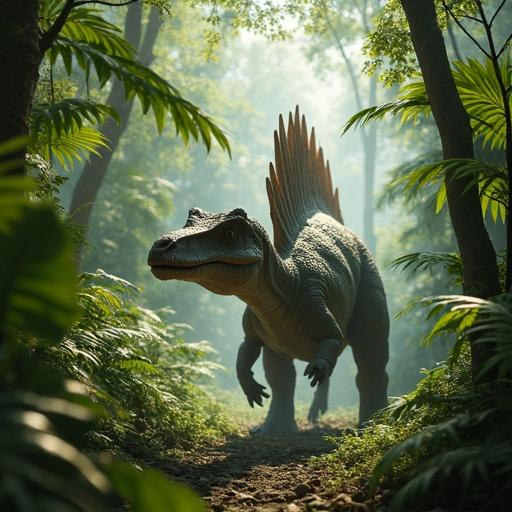 Hyper-realistic Spinosaurus from dense tropical foliage. Partially obscured by ferns and trees. Scaly texture glistens in sunlight. Cinematic lighting creates shadows. Long snout and sail-like spine visible. Dinosaur steps forward in humid environment. Mist rises from floor. Ultra-detailed textures, film grain, natural motion blur, Jurassic World style.