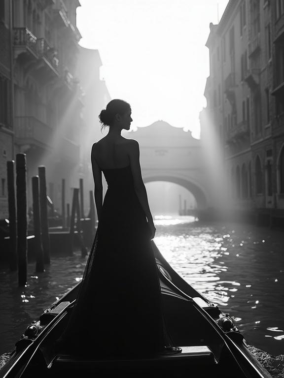 A misty black and white photograph in Venice at dawn. A silhouetted woman in a long gown stands on a gondola. Soft light illuminates the scene from behind. Rialto Bridge frames the composition. The woman's silhouette is graceful against the backdrop.