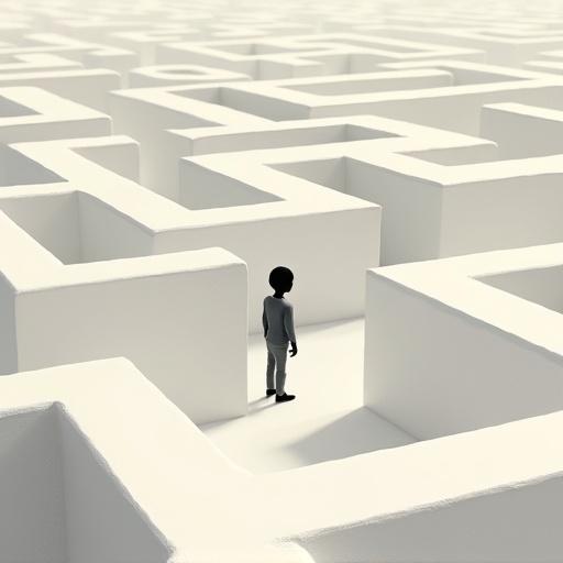 Minimalist view of a small human lost in a maze. Clean background with oversized objects and vast negative space. Elegant composition with subtle grain texture. Contemporary art style.
