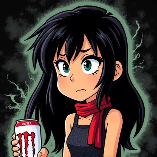 Stylized cartoon girl with long messy black hair. She has half-lidded tired eyes and a small uneasy smirk. She has tan skin and wears a red neck scarf. She is surrounded by dark swirling energy lines. In her hand, she holds a white Monster Energy Zero Ultra can. Her expression is humorous and deadpan. The background is black with grunge texture. The style looks like a comic panel with bold outlines and minimal shading.