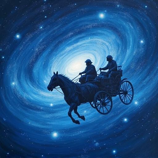 Chariot with two riders riding through a blue milkyway galaxy sky. Background features a spiral galaxy with bright stars. Art is detailed and vibrant. Concept is imaginative and surreal.