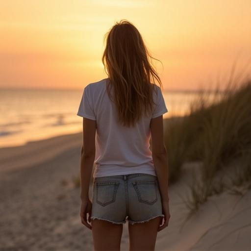 Woman stands on beach. Blond brown hair to shoulders. Wearing t-shirt and shorts. Sunset in background. Dunes in foreground. Sepia colors dominate image.