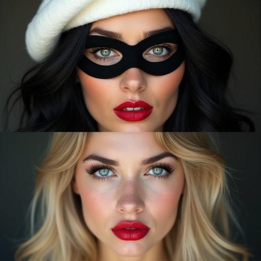 Image features two panels. Upper panel showcases two beautiful black-haired women in white berets and black Zorro masks. They exude mystery and are centered. Lower panel presents a young woman with long blonde hair and blue eyes, wearing bold red lipstick, centered in the panel.