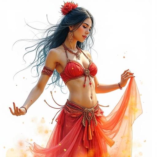 Portrait of a fantasy belly dancer features watercolor painting style vivid colors in manga illustration features traditional attire dance pose conveys grace and movement