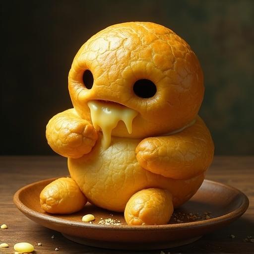 Surreal humanoid creature made of cheese bread with a round body and cracked crust. Hollow eyes and mouth dripping cheese. Sitting on a wooden plate and eating its own arm. Crumbs and cheese pieces scattered around. Realistic lighting and warm tones create a whimsical, slightly creepy atmosphere.