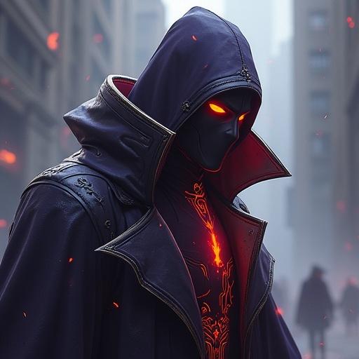 A fantasy character from League of Legends. Cloaked figure with glowing eyes and chest. Dark alley setting with urban background. Dramatic lighting.