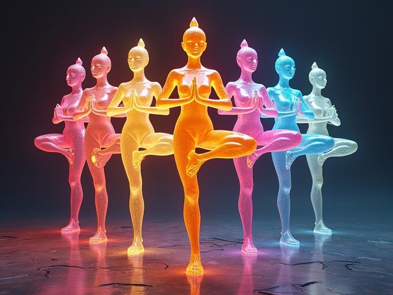 3D ultrarealistic anthropomorphic glass and crystal figures performing yoga poses. Figures exhibit inner glow in different colors. Soft and vibrant color palette. Choreographed group pose. Artistic masterpiece.