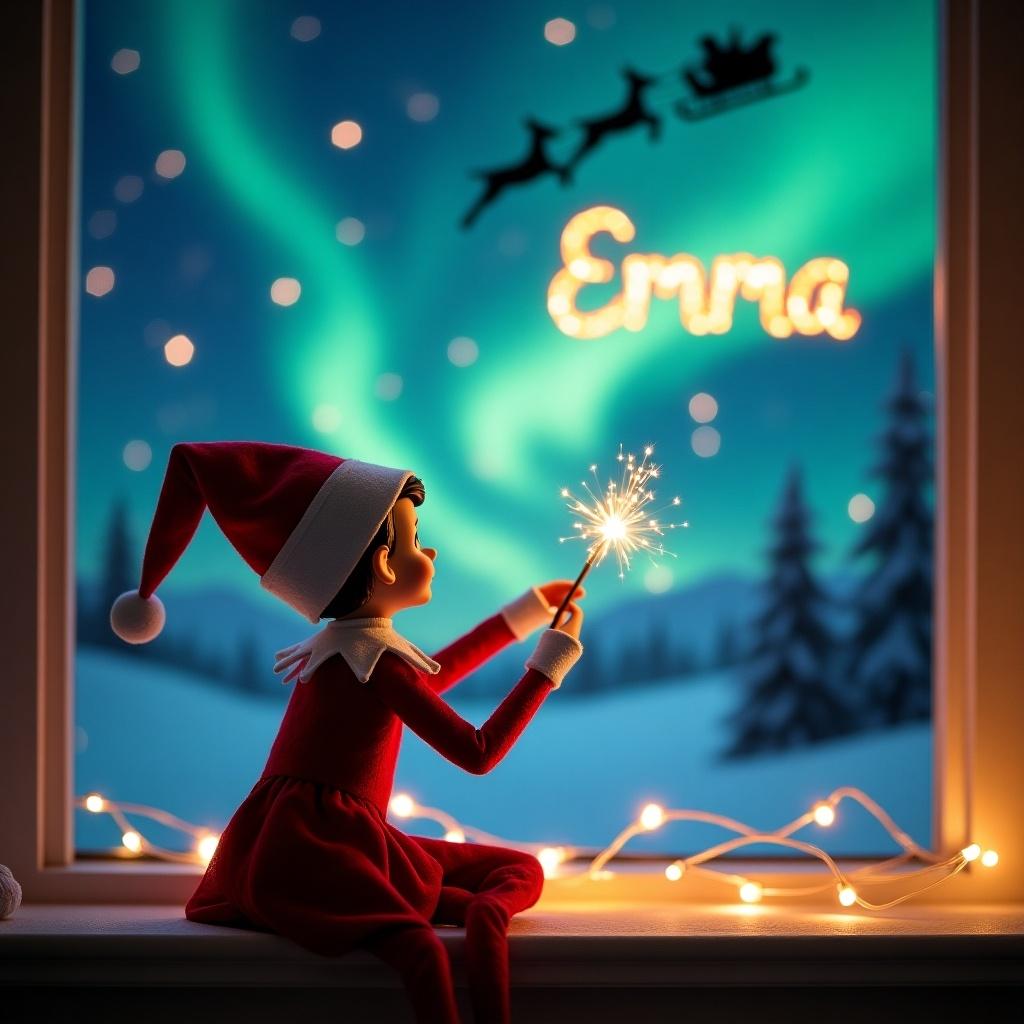 Elf on the Shelf dressed in red and white gazes at the night sky. Holds a shimmering wand. Northern lights illuminate the scene. Silhouette of Santa in the sky. Waving wand writes name Emma in lights.