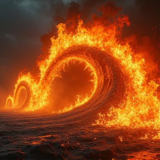 Massive rolling wave of fire. Blazing firestorm surging like tidal wave. Consuming everything in path. Intense firewall with roaring flames. Curved wall-like shape moving. Thick black smoke billows above. Heat distortion warps air. Sparks and embers fly. Scorched ground glows under heat. Fire behaving like living force. Glowing symbols visible in core. Dark sky filled with ash. Highly detailed scene with strong motion and chaos.