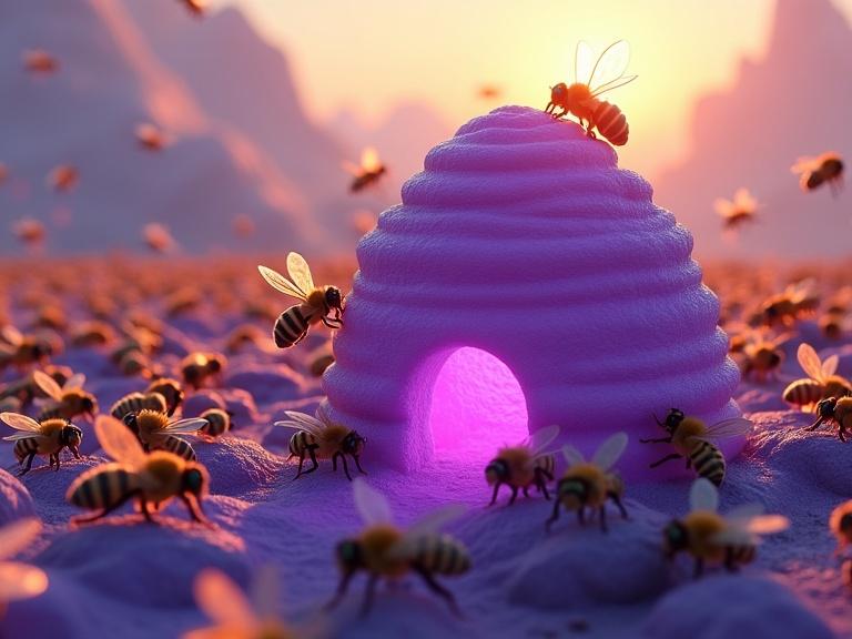 Surreal hive of glowing purple bees. Beehive is purple with realistic textures and details. Bees are orange with purple stripes. Antennae glow purple with white tips. Light yellow sunshine blends into light orange. Purple clouds in sky.