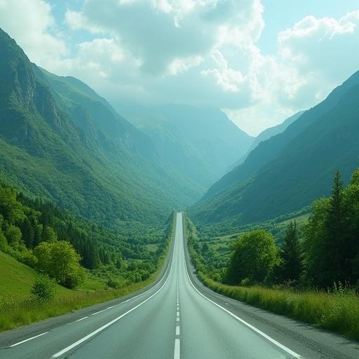 Green valley landscape features a highway with three lanes. The scenery shows mountains in the background. The highway extends towards the horizon, emphasizing speed. Captures natural beauty in bright light.