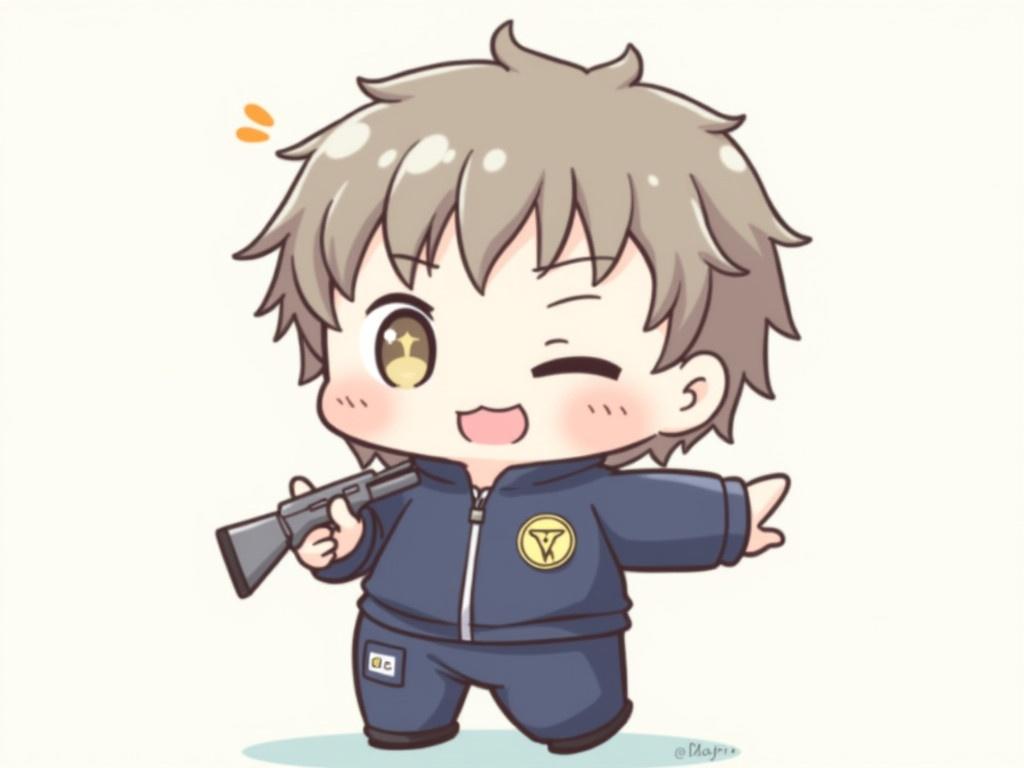 The image features a chibi-style character dressed in a navy jacket that has an emblem on it. The character has a playful expression and short hair, holding a small, cartoonish gun in a dynamic pose. The proportions are exaggerated, with a large head and small body typical to chibi art, giving it a cute appearance. The background is simple and light, emphasizing the character. The outfit includes high-waisted pants that add to the casual look.