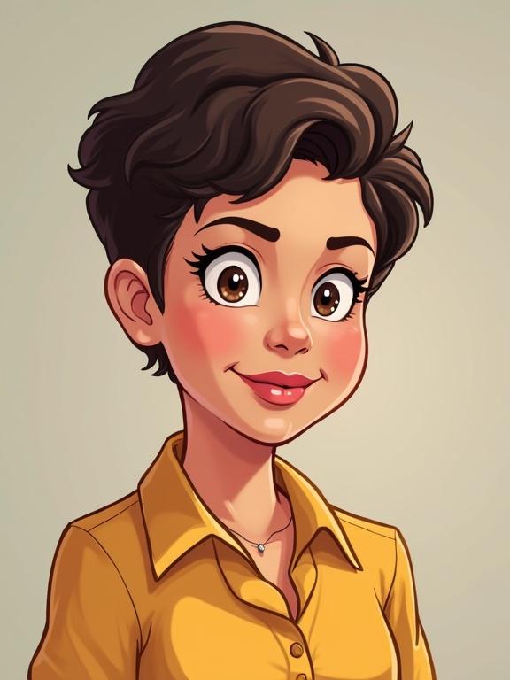 Cartoon character with short hair wearing a yellow shirt. Calm expression and looking forward. A blend of realism and animated style.