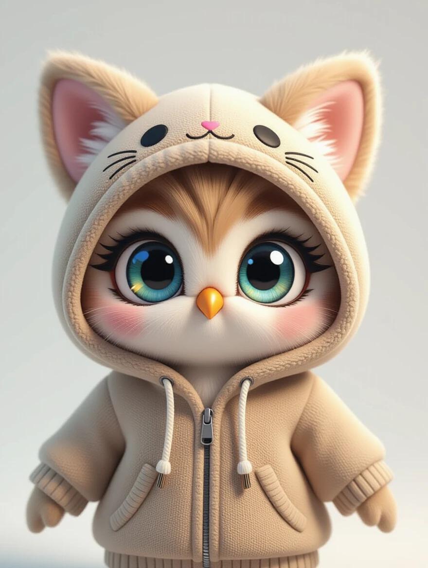3D plushie character with cat ears. Cute owl design with large anime eyes. Soft beige hoodie. White background with soft shadows. Bright and catchy appeal.