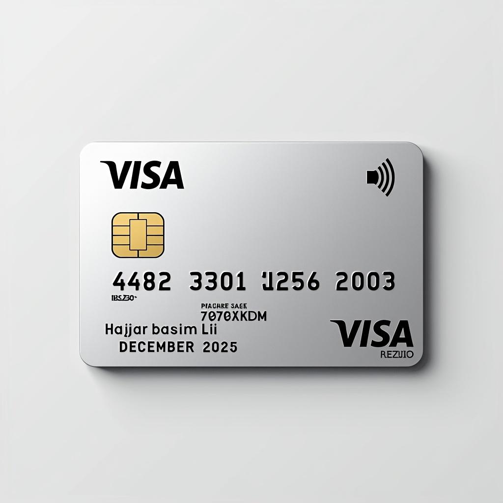 Realistic depiction of a credit card with modern design. Visa logo featured prominently. Card number 4482330113235071 visible. Cardholder name Hajar bassim Li shown clearly. Expiry date December 2025 included. Silver background with bold black text.