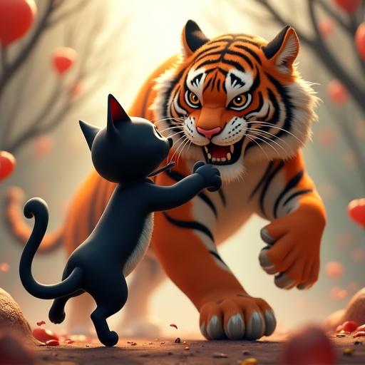 3D cartoon depicting a black cat confronting a large tiger in a playful fight