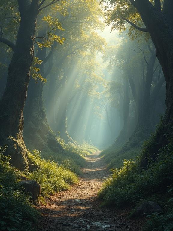 Fantasy landscape with dramatic lighting. A wide angle view of a forest. The path is surrounded by tall trees with sunlight streaming through. The atmosphere is mystical and serene.