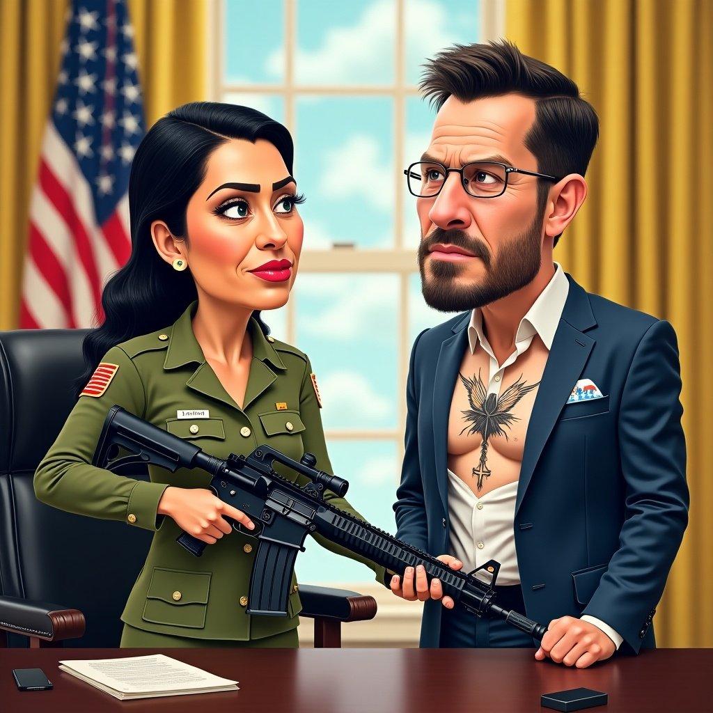 Artwork features two prominent figures in a playful style. One in army uniform holds an AR-15. They are in an office setting. The expressions are exaggerated and whimsical. The image invites reflection on power dynamics and humor in politics.