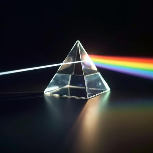 A white laser ray enters a triangular glass prism from the left. Inside, it disperses into a rainbow. The rainbow exits the prism on the right side.