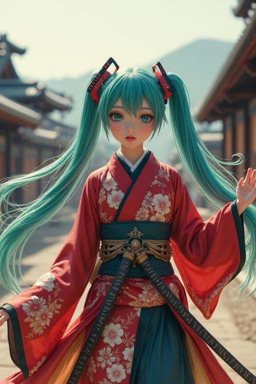 Hatsune Miku wearing a samurai kimono. Performing a dance in an ancient Japanese village.