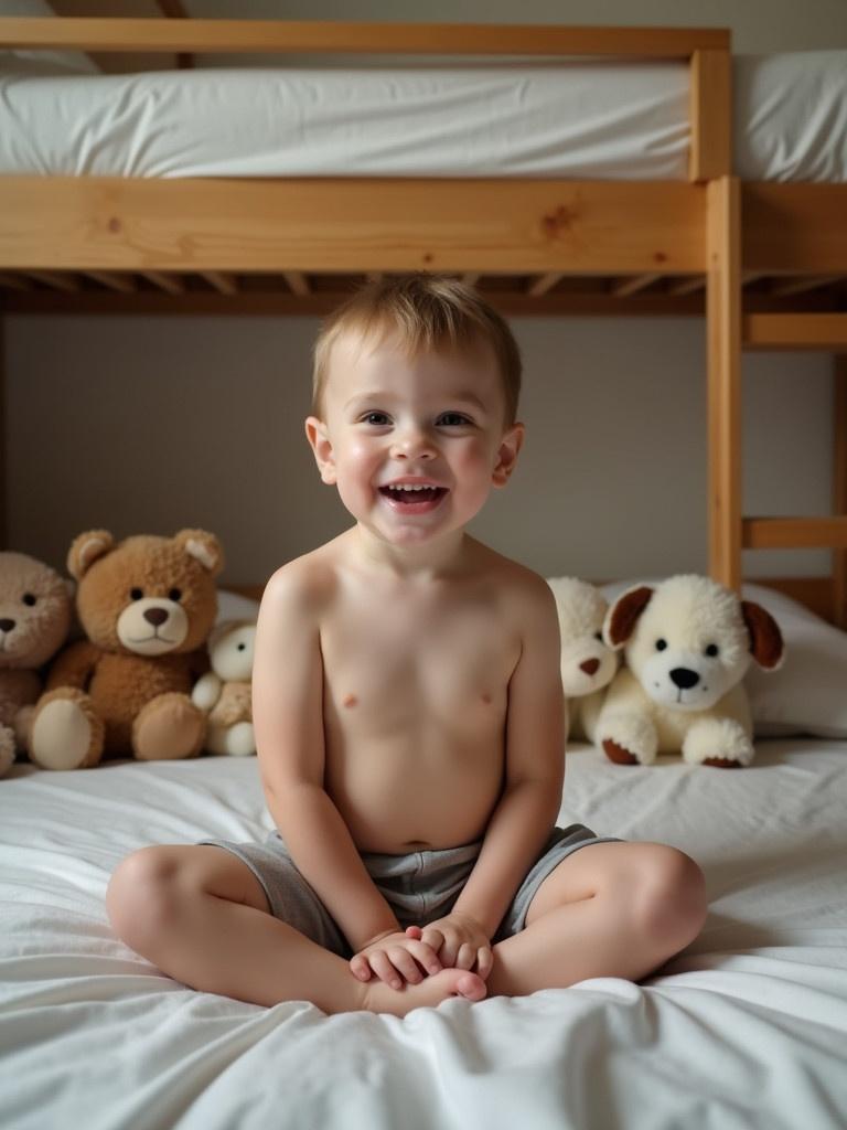 A shirtless child sits cross-legged on a bed in a cozy bedroom. Child wears simple shorts. Room features a bunk bed in the background with soft lighting. Surrounded by several stuffed animals. This scene captures childhood innocence and tranquility.