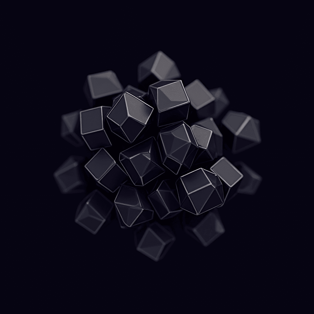 A cluster of dark, geometric cubes floating in a mysterious void.