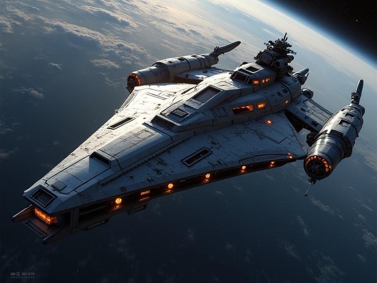 Photorealistic depiction of a futuristic starship in space. The starship is sleek, featuring sharp angles, and illuminated elements. The backdrop includes the Earth and a starry sky.