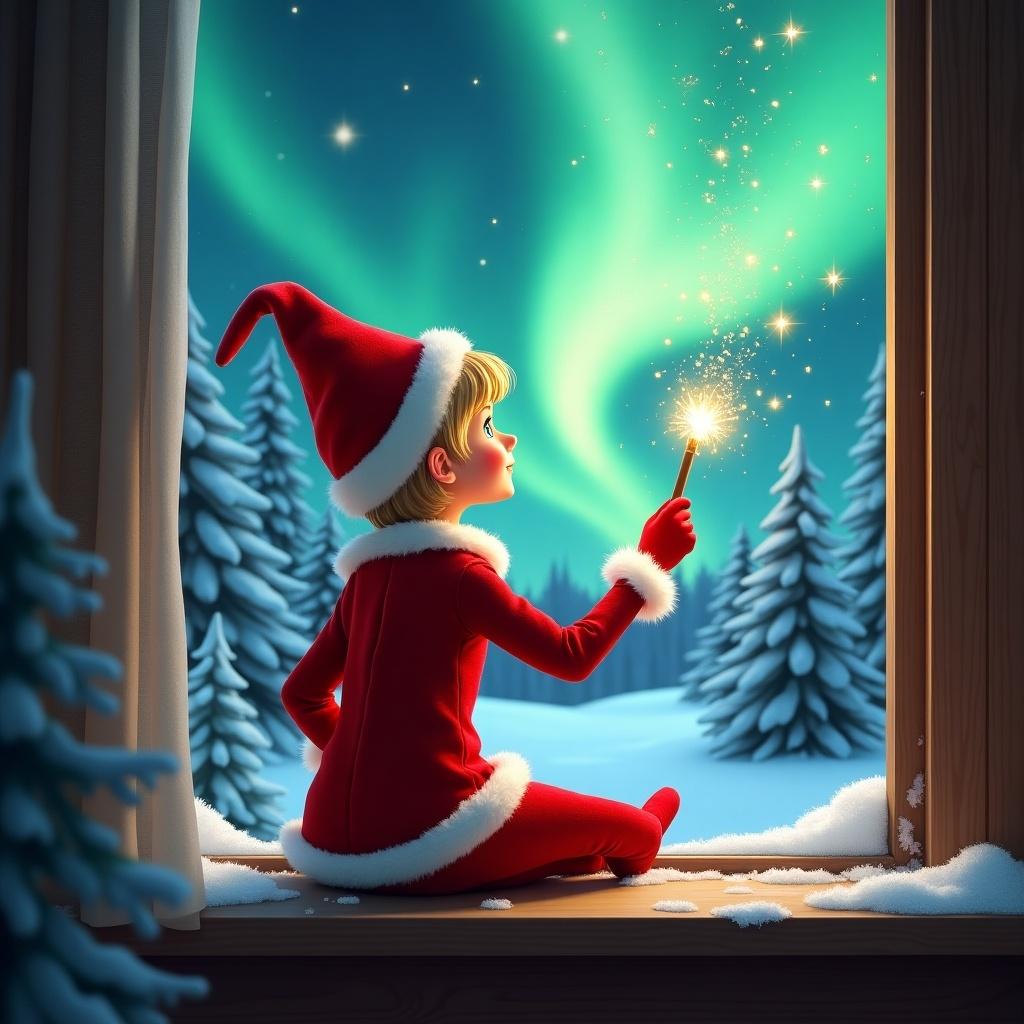 An elf in vibrant red sits on a window ledge. The elf uses a wand to make sparkles. The view shows the aurora borealis in the background. Snow-covered pine trees add to the winter wonderland. The scene is festive and enchanting.