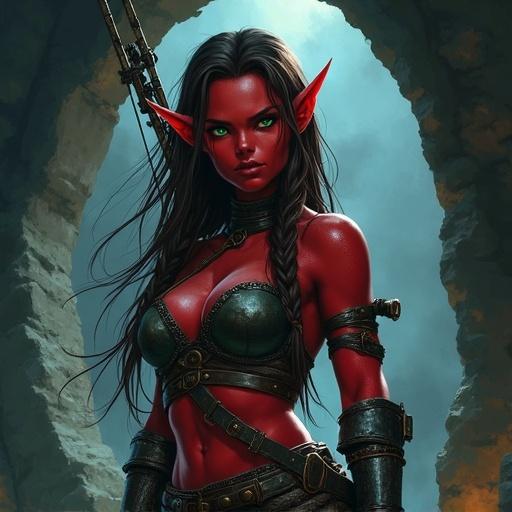 A strong and fierce female hobgoblin huntress inspired by the fantasy world of Dungeons and Dragons. She has deep red skin and long braided dark brown hair. Her eyes are piercing green showing intelligence. She wears medieval leather armour and has a hunting bow slung across her back. The cave entrance and clear night sky set the scene with eerie lighting.