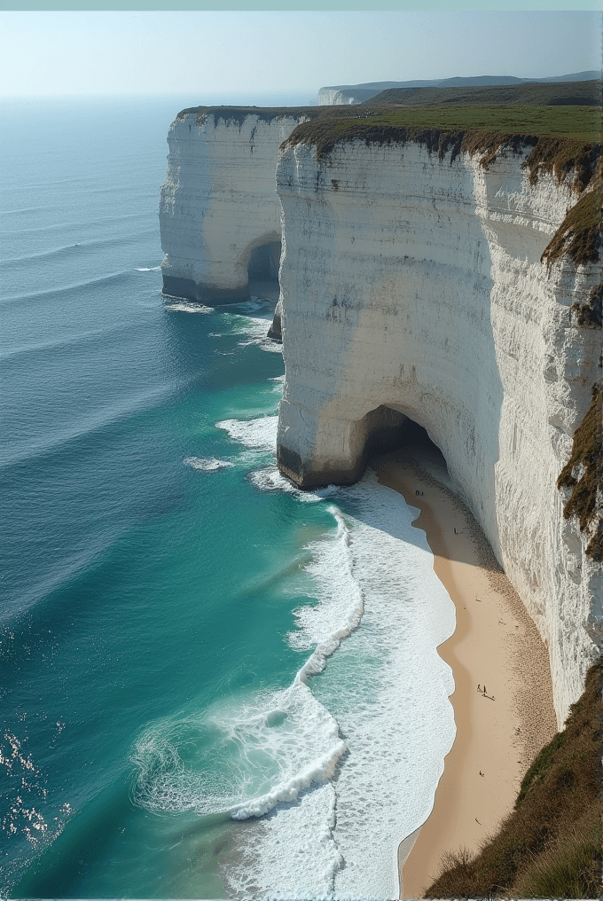 The image shows towering white cliffs with lush green grass on top, overlooking a sandy beach and vibrant blue ocean.