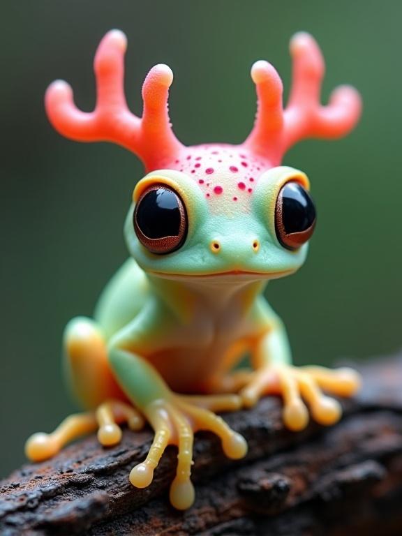 A vibrant creature features a soft pastel mint green body with coral red markings. It has large round eyes with pink sclera and coral-like antennae. The creature is perched on textured brown bark against a soft green background. Playful and whimsical appearance evokes innocence.