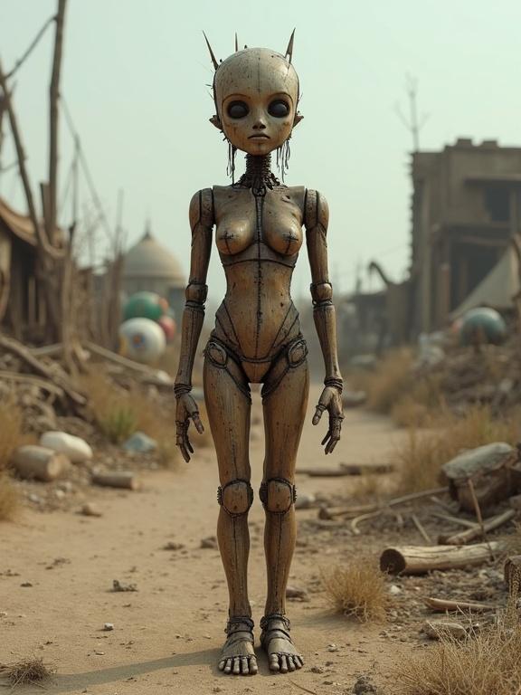 A weathered, wooden humanoid figure in a post-apocalyptic setting. The setting features ruins of a forgotten festival. The character appears as 3D art, made of aged wood.