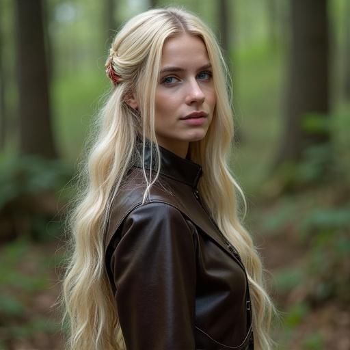 Model in a fantasy forest setting wearing leather. Very light blonde hair and blue eyes. Looks attractive and elegant. Feminine appearance. Outdoors, surrounded by trees.