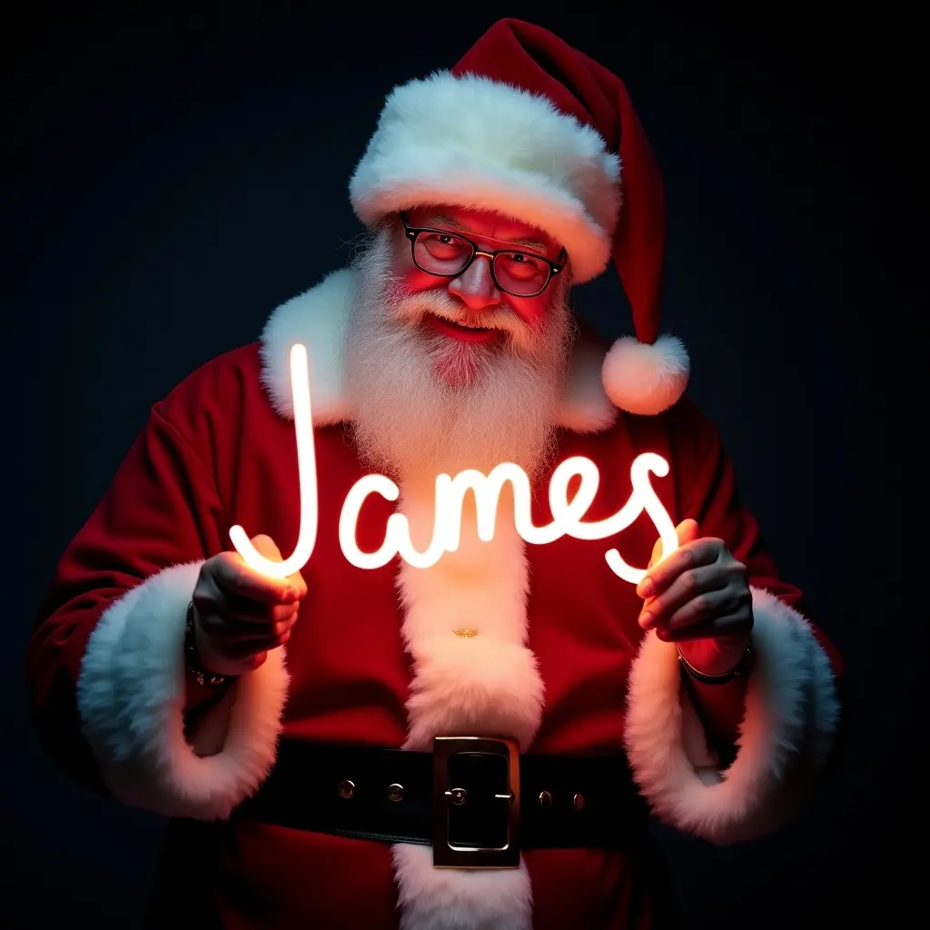 Santa Claus in a traditional red and white suit holds a glow stick that spells the name James. Santa looks cheerful. Dark background enhances the glowing text. Captures the magic of Christmas.